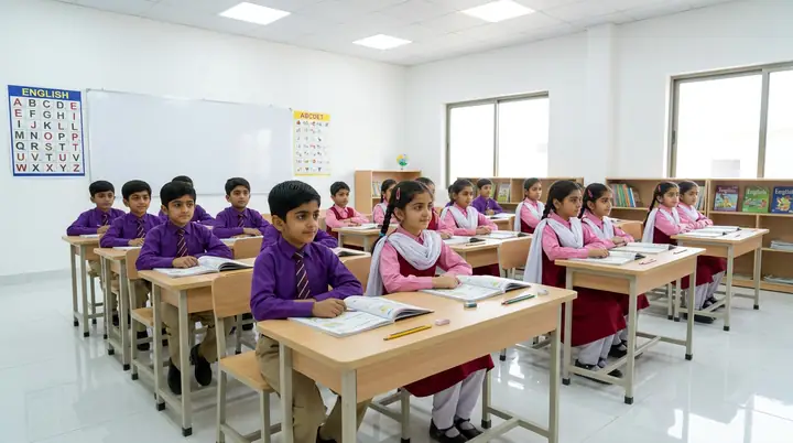 Open language books on a school desk