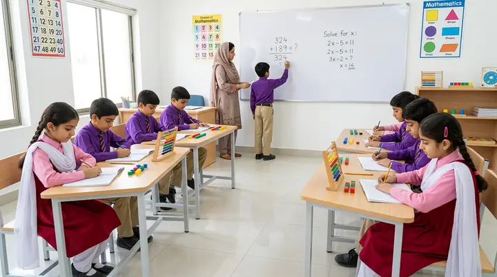Chalkboard with math equations and geometry tools